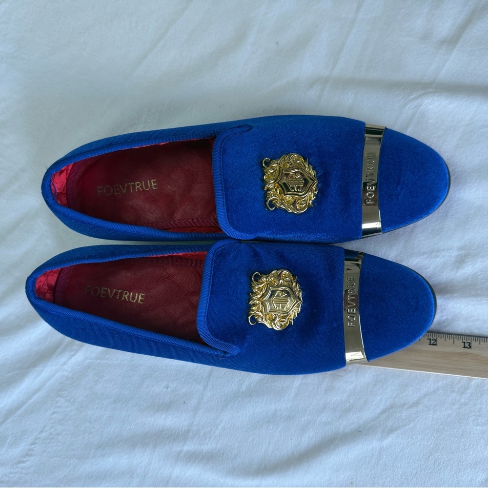 FOEVTRUE Luxury Men’s Loafers - Royal Blue Velvet with Gold Crest -Size 44(US 11